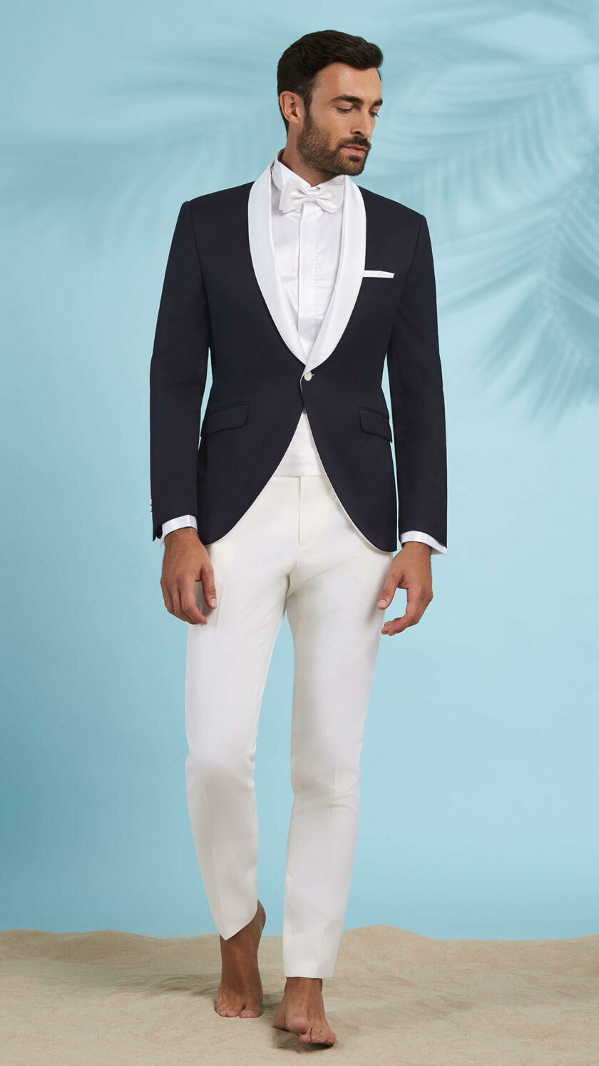 abito cerimonia uomo 2023 smoking beach wedding blu rever in raso bianco 137 r35